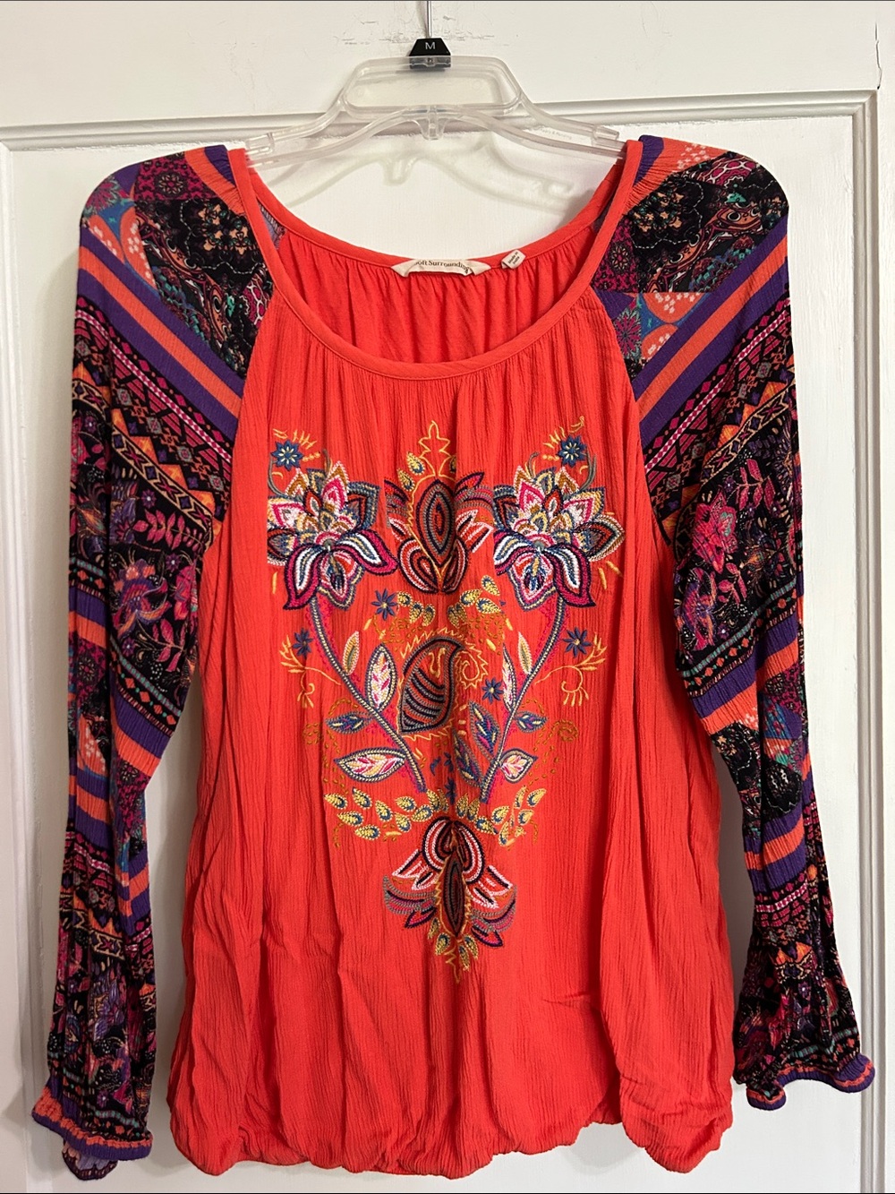 Soft Surroundings Orange Embroidered Boho Peasant Top with Patterned Sleeves